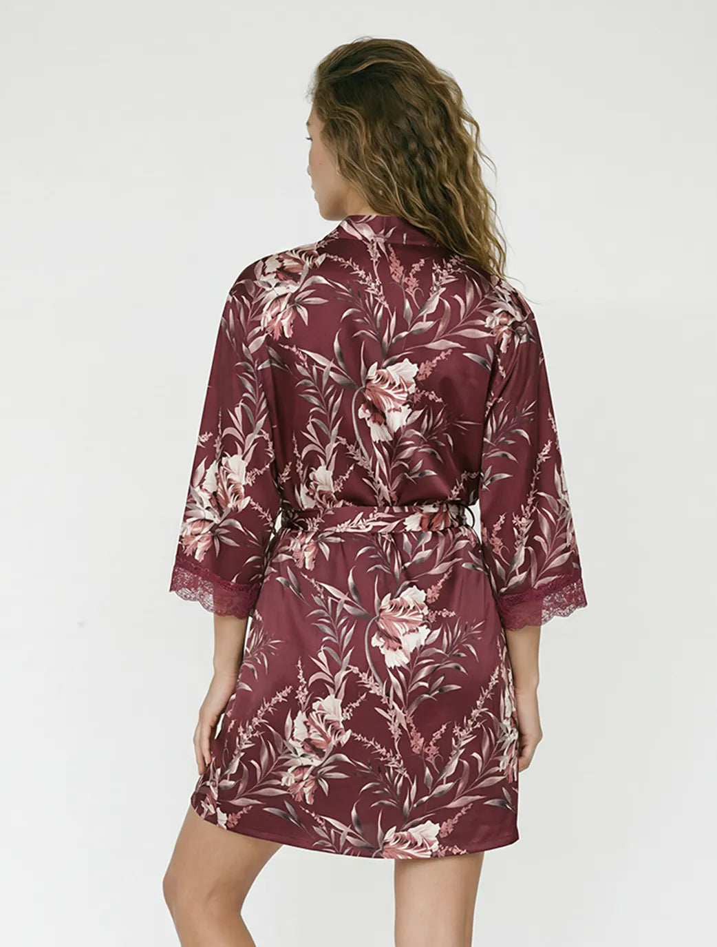 Marie France Multicolor Women Ava Botanical Lace Panel Satin Robe SKU: PYAVAROBE_Multicolor Image 02