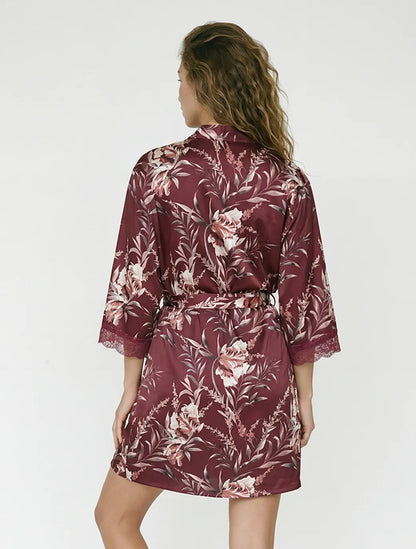 Marie France Multicolor Women Ava Botanical Lace Panel Satin Robe SKU: PYAVAROBE_Multicolor Image 02