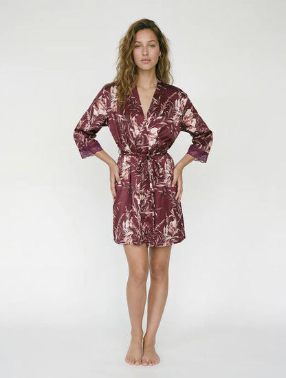 Marie France Multicolor Women Ava Botanical Lace Panel Satin Robe SKU: PYAVAROBE_Multicolor Image 03