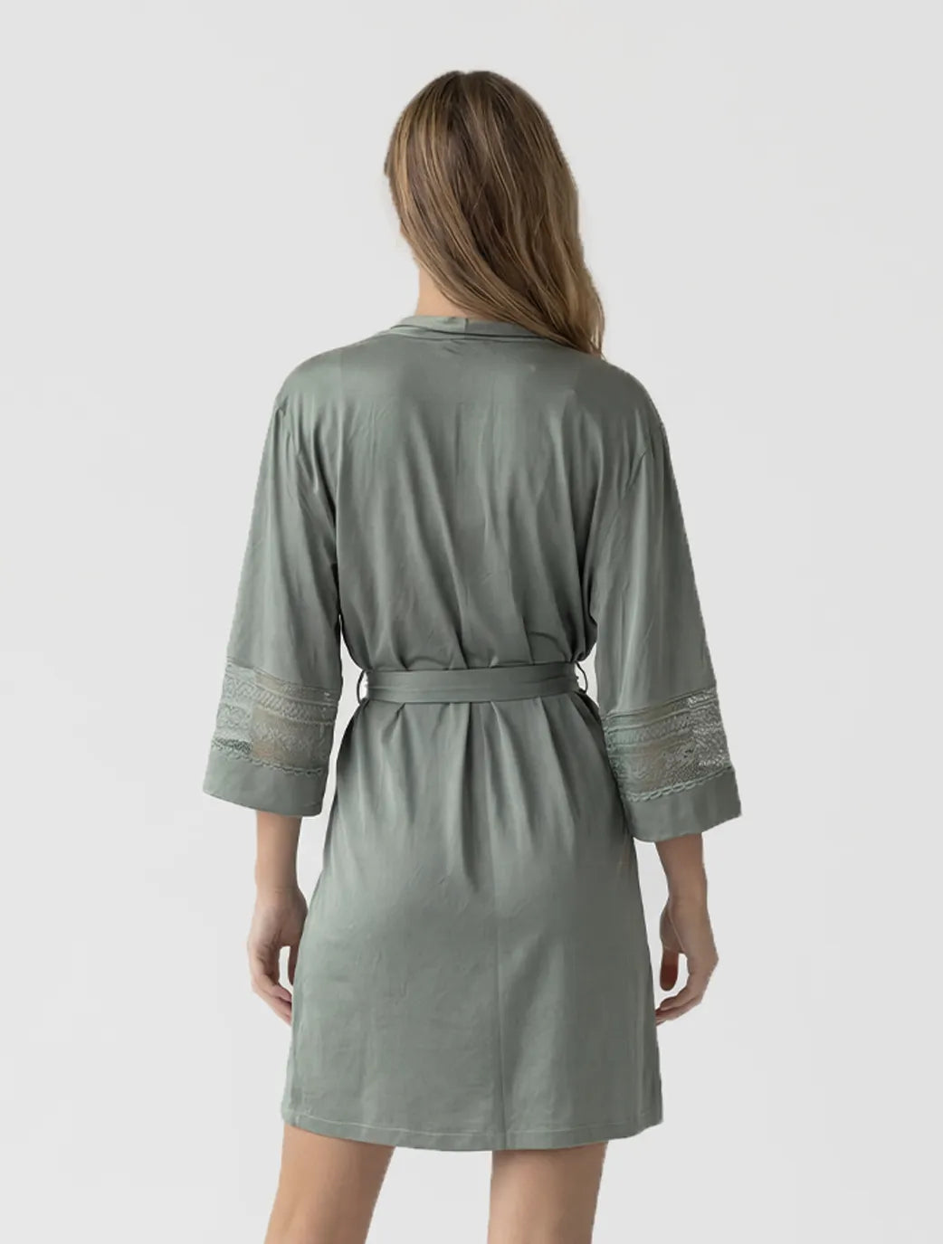 Marie France Green Women Kaitlyn Botanical Lace Cuff Open-Front Robe SKU: PYKAITLYNROBE_Green Image 02