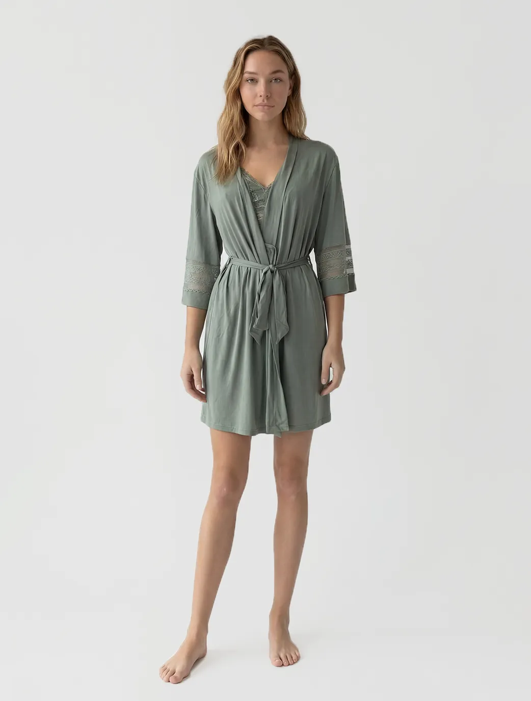 Marie France Green Women Kaitlyn Botanical Lace Cuff Open-Front Robe SKU: PYKAITLYNROBE_Green Image 03