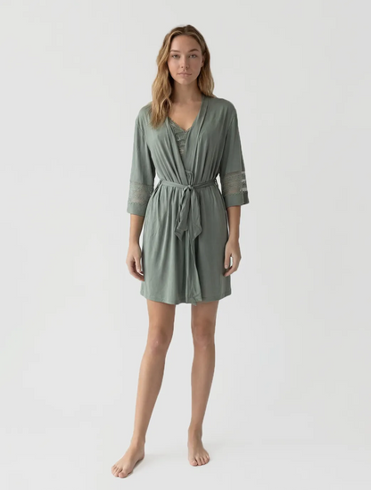 Marie France Green Women Kaitlyn Botanical Lace Cuff Open-Front Robe SKU: PYKAITLYNROBE_Green Image 03