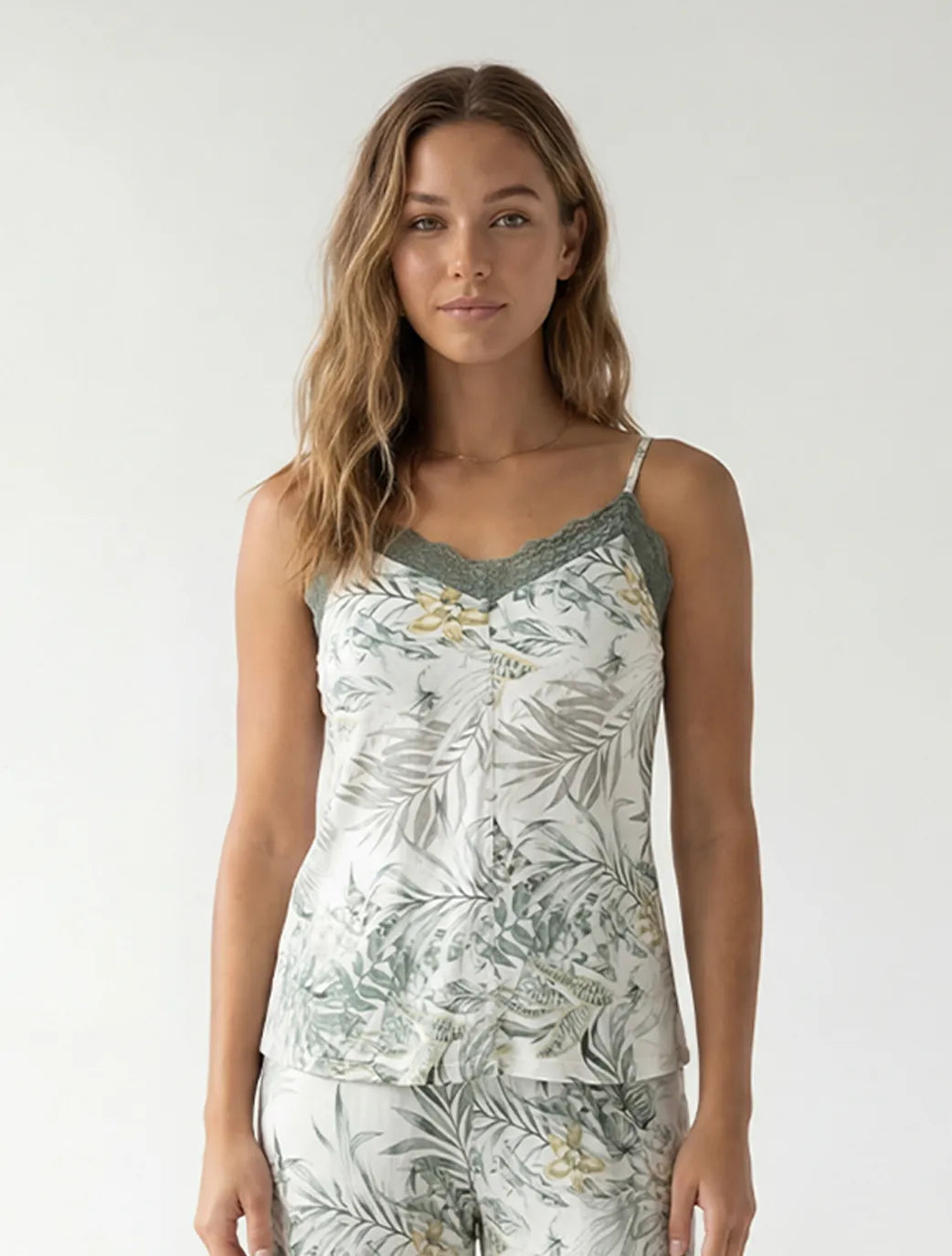 Marie France Multicolor Women Kinly Leafy Print Lace V-Neck Sleep Top SKU: PYKINLYISHIRT_Multicolor Image 01
