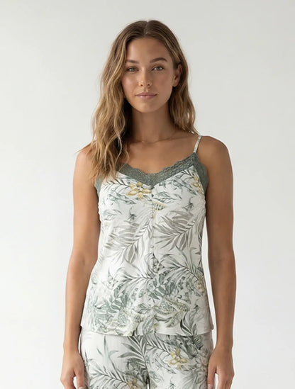 Marie France Multicolor Women Kinly Leafy Print Lace V-Neck Sleep Top SKU: PYKINLYISHIRT_Multicolor Image 01