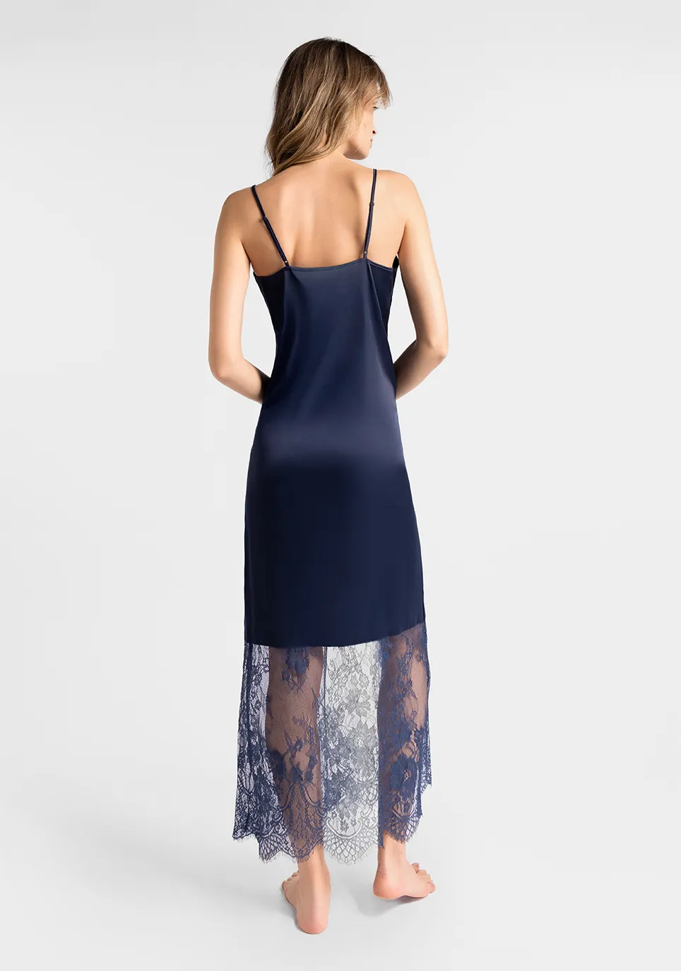 Marie France Dark Navy Women Moons Long Satin Lace Hem Sleep Dress SKU: PYMOONSLONGDRESS_Dark Navy Image 02