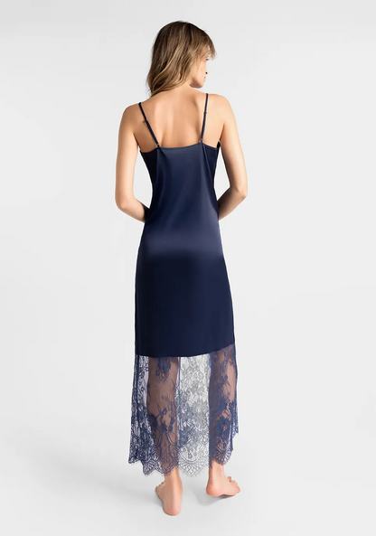Marie France Dark Navy Women Moons Long Satin Lace Hem Sleep Dress SKU: PYMOONSLONGDRESS_Dark Navy Image 02