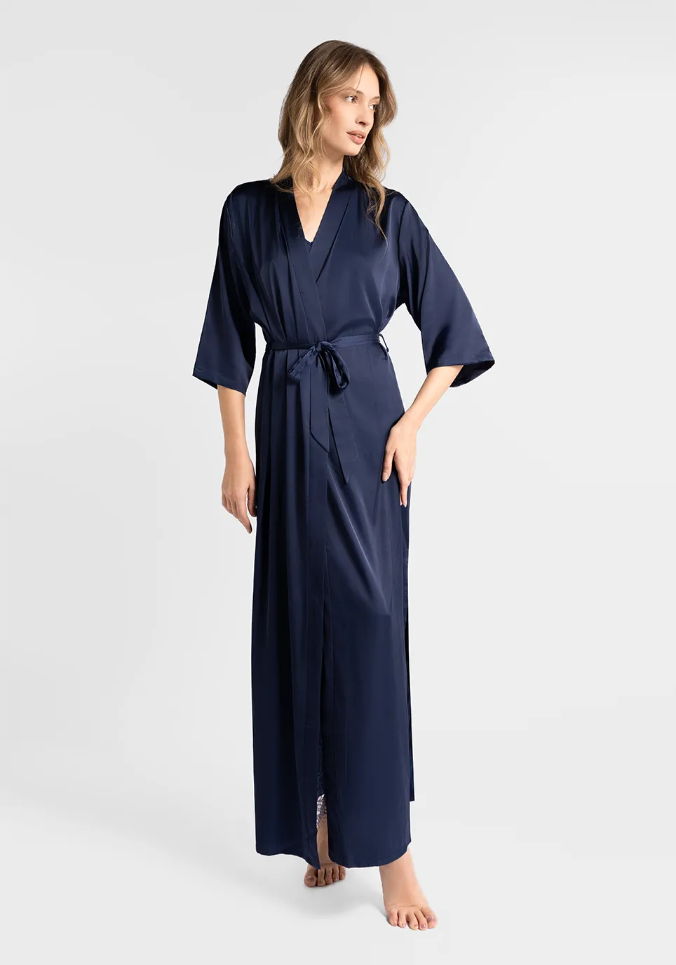 Marie France Dark Navy Women Moons Long Satin Self-Tie Sleep Robe SKU: PYMOONSLONGROBE_Dark Navy Image 01