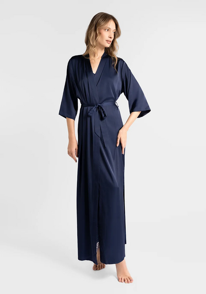 Marie France Dark Navy Women Moons Long Satin Self-Tie Sleep Robe SKU: PYMOONSLONGROBE_Dark Navy Image 01