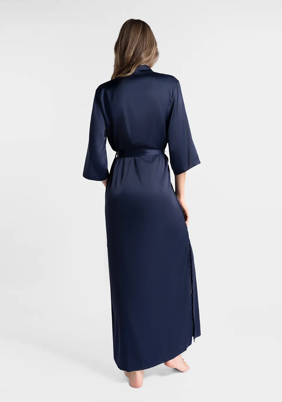 Marie France Dark Navy Women Moons Long Satin Self-Tie Sleep Robe SKU: PYMOONSLONGROBE_Dark Navy Image 02