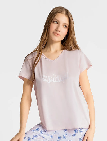 Marie France Blush Women Solea Spoiled Graphic V-Neck Sleep T-Shirt SKU: PYSOLEAT-SHIRT_Blush Image 01