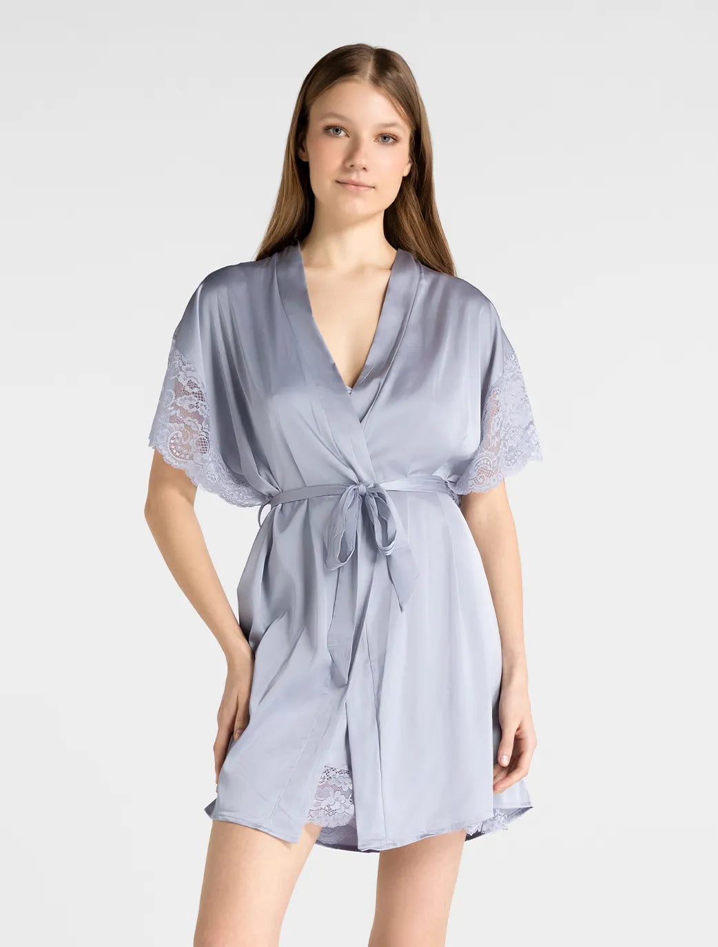 Marie France Dark Grey Women Solla Kimono Eyelash Lace Cuff Satin Robe SKU: PYSOLLAROBE_Dark Grey Image 01