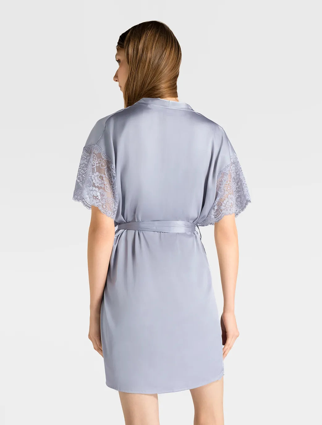 Marie France Dark Grey Women Solla Kimono Eyelash Lace Cuff Satin Robe SKU: PYSOLLAROBE_Dark Grey Image 02