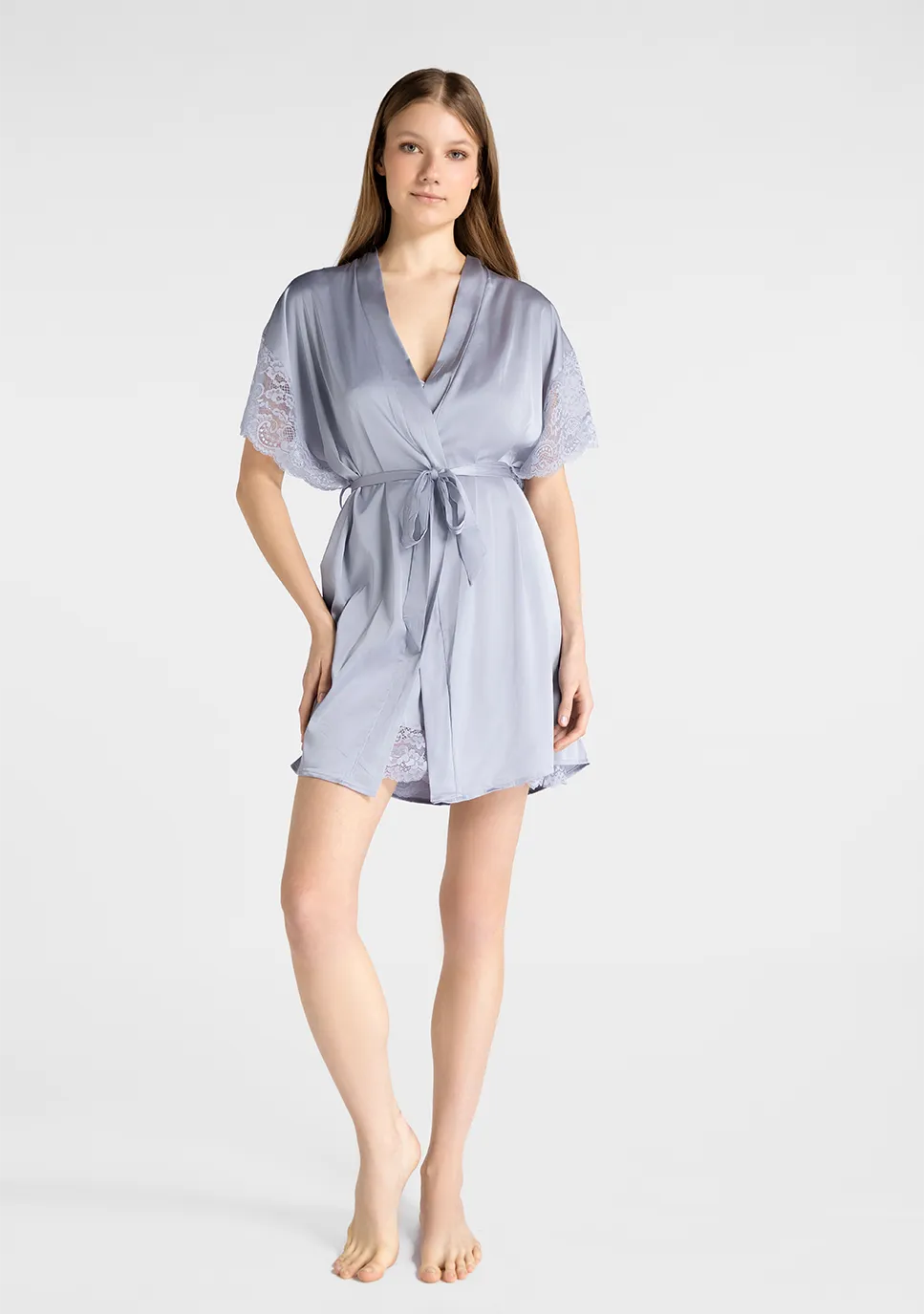 Marie France Dark Grey Women Solla Kimono Eyelash Lace Cuff Satin Robe SKU: PYSOLLAROBE_Dark Grey Image 03
