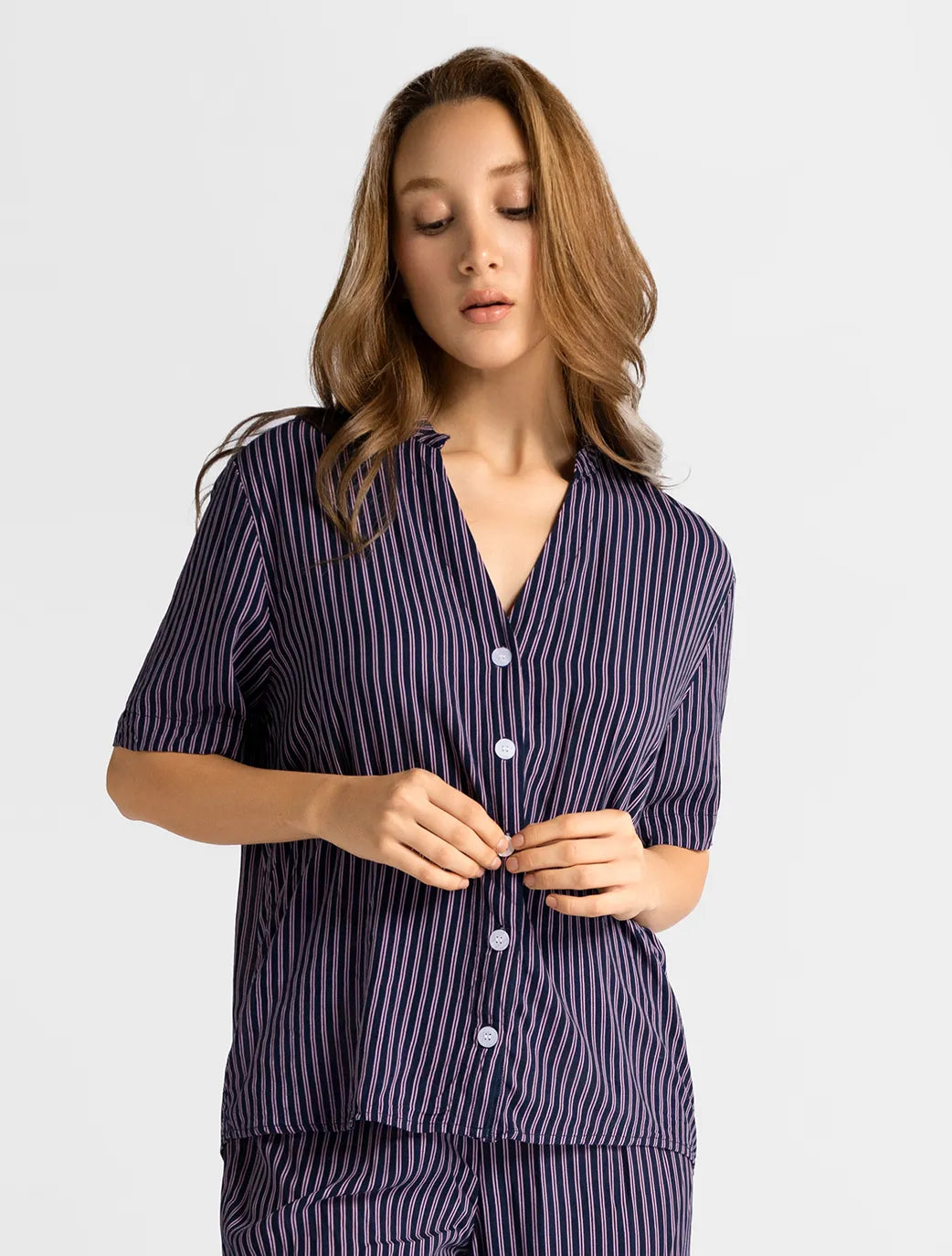 Marie France Multicolor Women Somora Stripe Button-Down Sleep Chemise SKU: PYSOMORACHEMISE_Multicolor Image 01