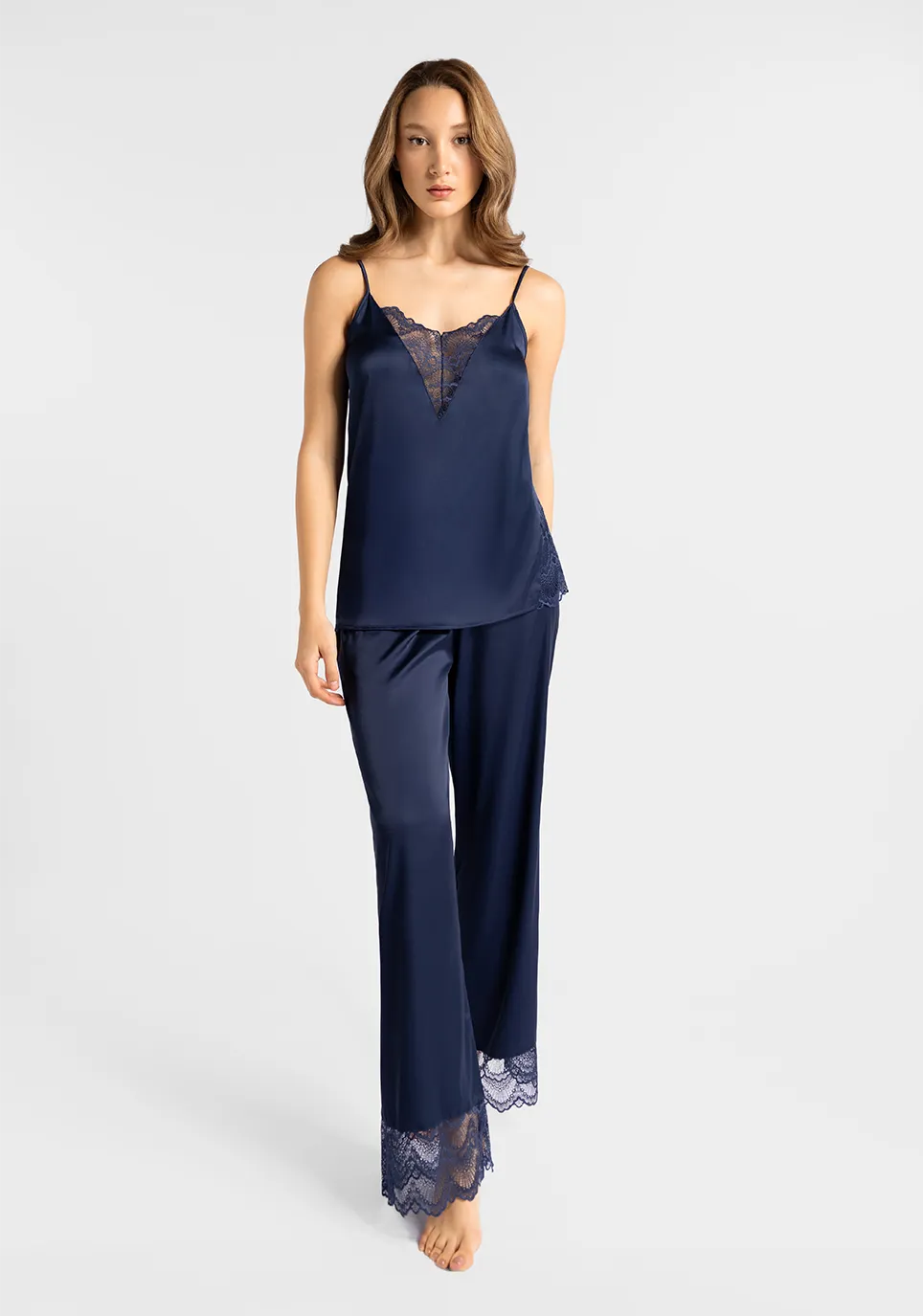 Marie France Dark Navy Women Sorrento Dark Navy Satin Dentelle Pants SKU: PYSORRENTOPANT_Dark Navy Image 01