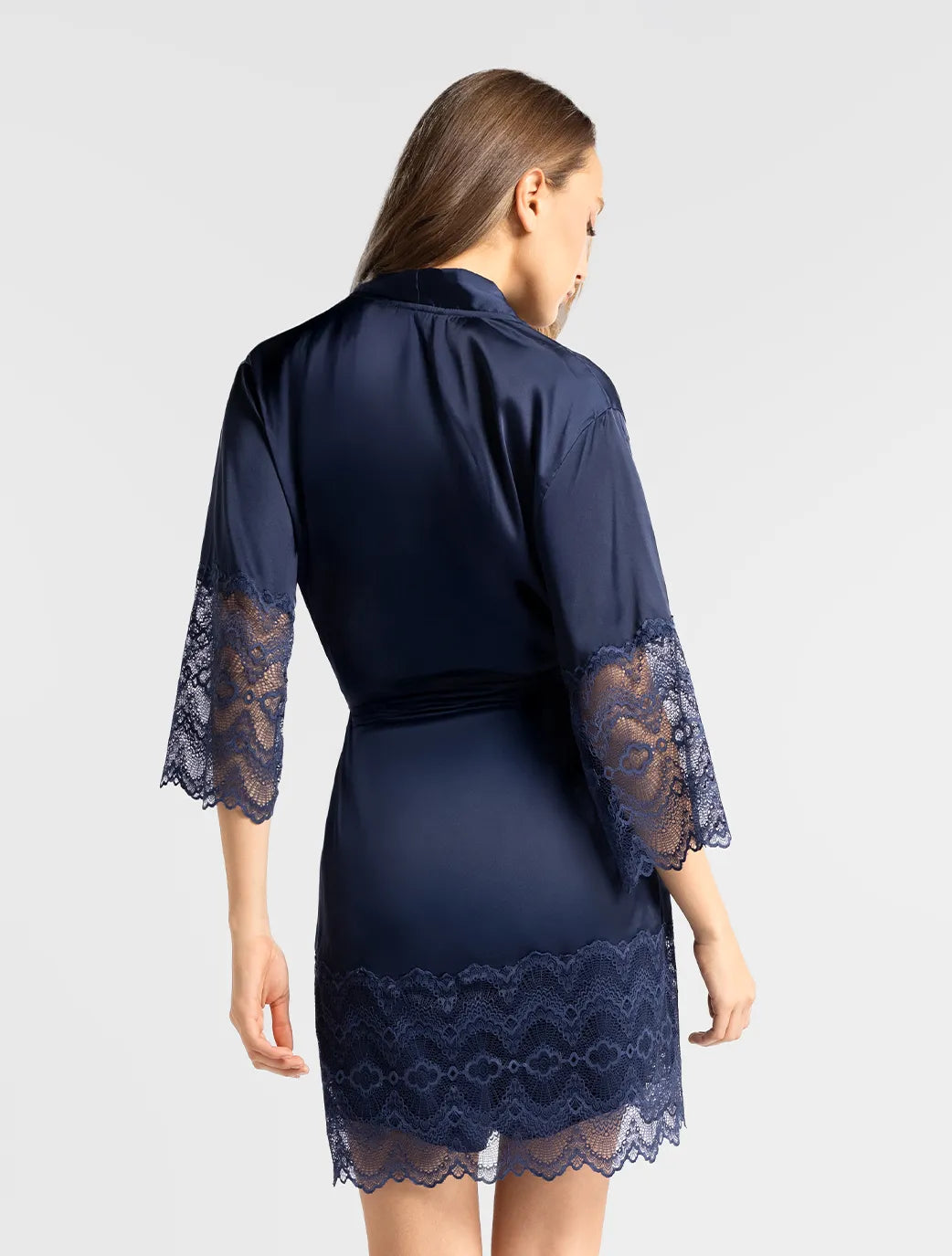 Marie France Dark Navy Women Sorrento Dark Navy Satin Sleep Robe SKU: PYSORRENTOROBE_Dark Navy Image 02