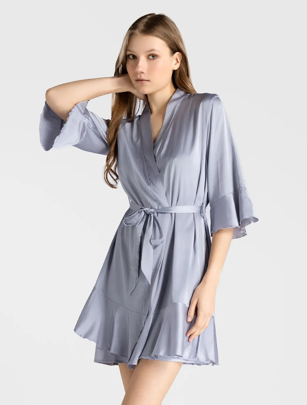Marie France Dark Grey Women Taleya Open-Front Flounce Hem Satin Robe SKU: PYTALEYAROBE_Dark Grey Image 01