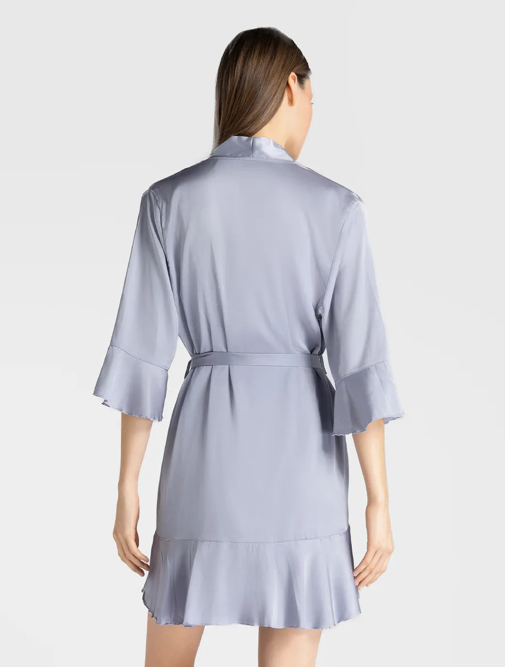 Marie France Dark Grey Women Taleya Open-Front Flounce Hem Satin Robe SKU: PYTALEYAROBE_Dark Grey Image 02