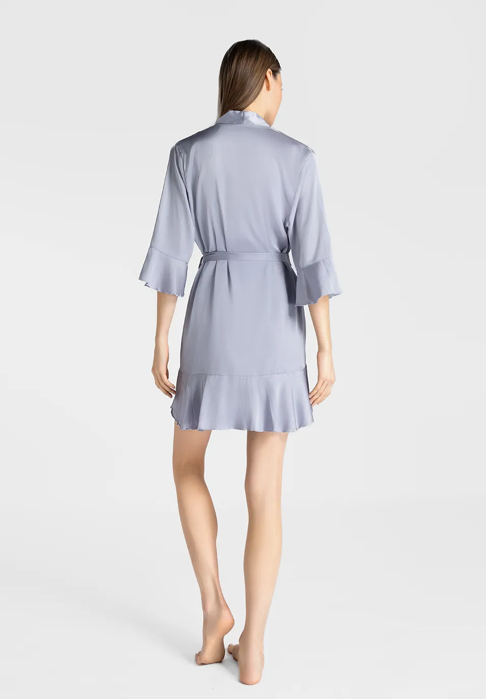 Marie France Dark Grey Women Taleya Open-Front Flounce Hem Satin Robe SKU: PYTALEYAROBE_Dark Grey Image 04