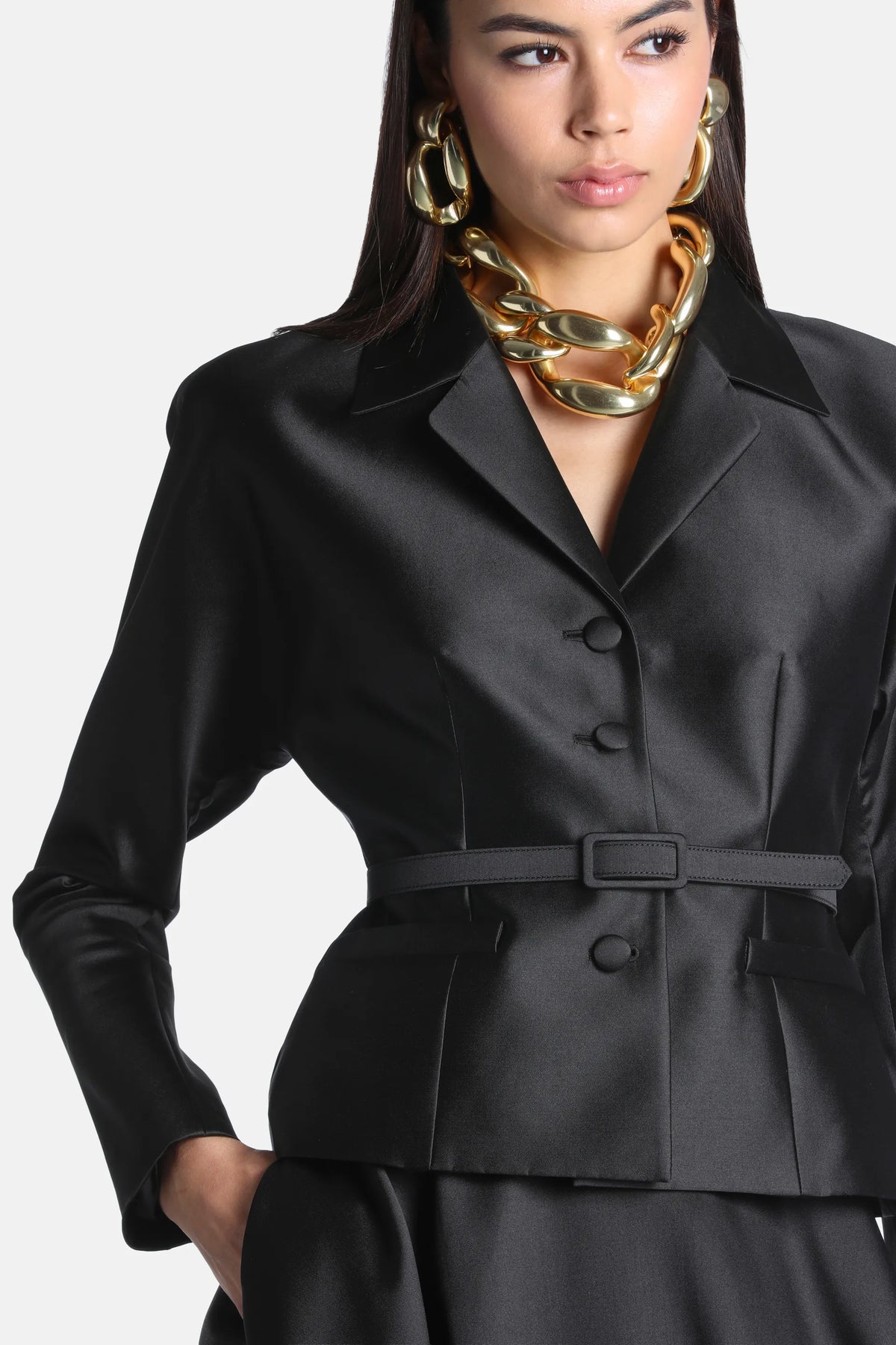 Luisa Spagnoli Nero Women Samoa Cropped Satin Jacket - Fashion Show SKU: SAMOA_0101 Image 03