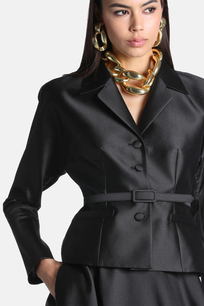 Luisa Spagnoli Nero Women Samoa Cropped Satin Jacket - Fashion Show SKU: SAMOA_0101 Image 03