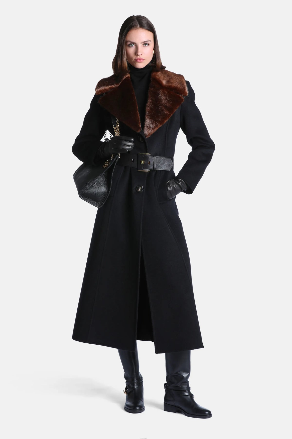 Luisa Spagnoli Nero/Marrone Women Scolpito Coat with Fur-Effect Lapels SKU: SCOLPITO_0101 0913 Image 01