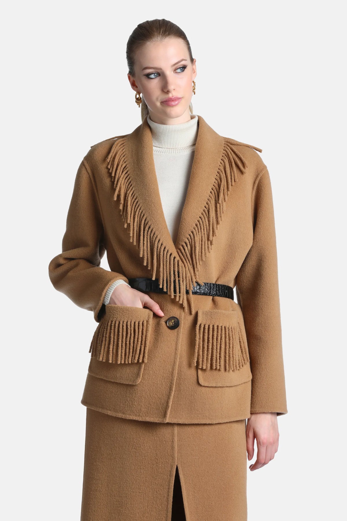 Luisa Spagnoli Caramello Women Solero Fringed Wool Jacket SKU: SOLERO_2344 Image 02