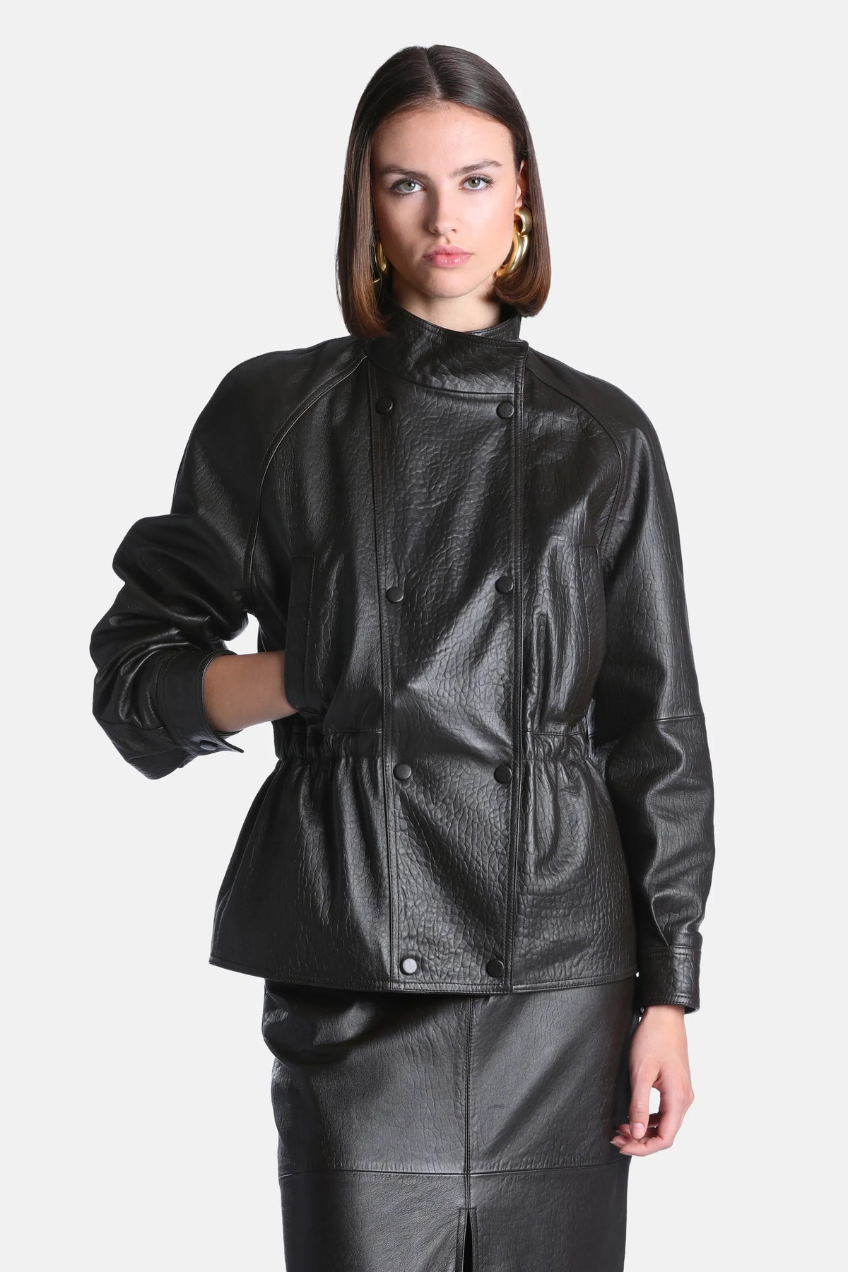 Luisa Spagnoli Marrone Women Spareggio Leather Jacket with Gathered Waist - Fashion Show SKU: SPAREGGIO_0996 Image 01