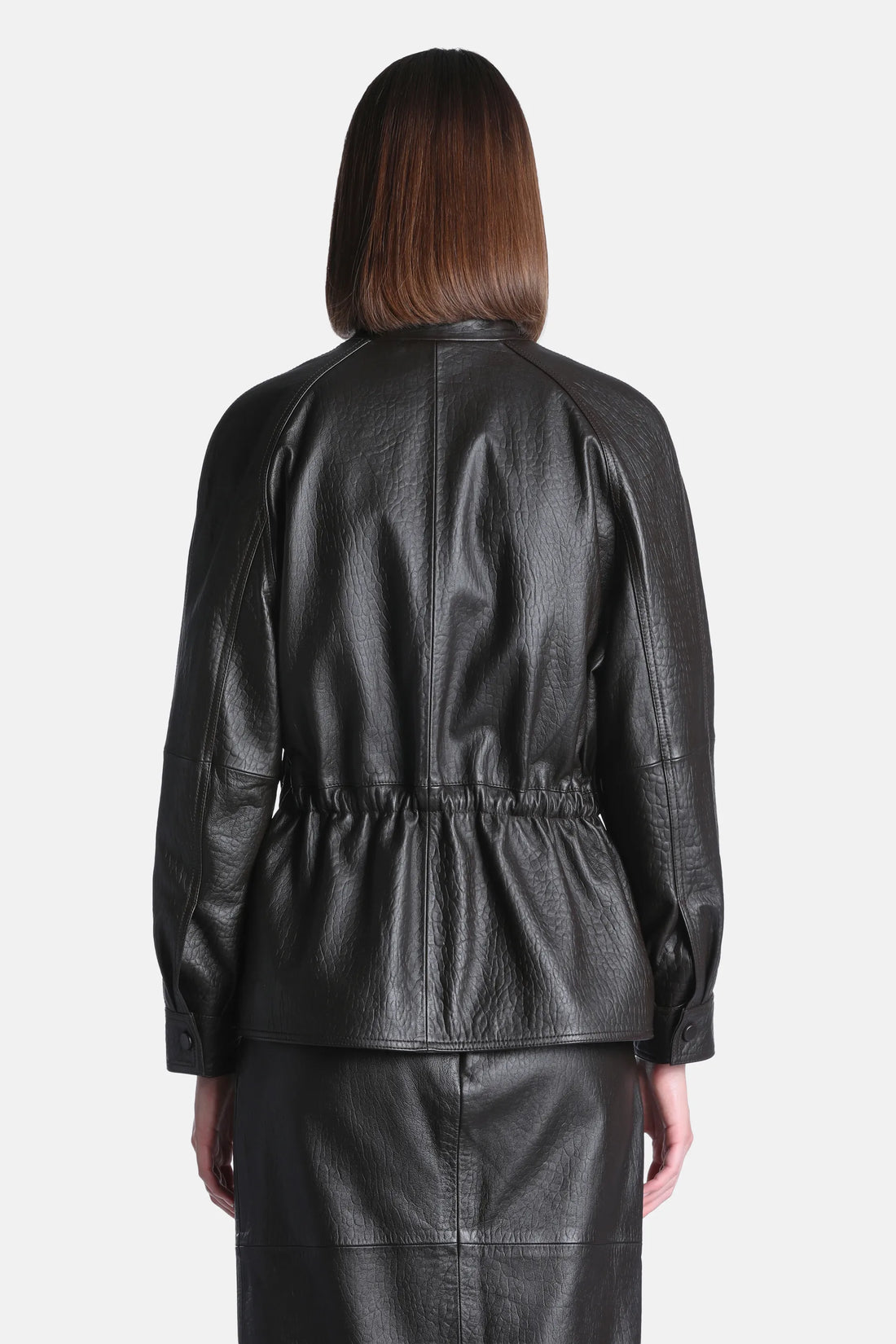 Luisa Spagnoli Marrone Women Spareggio Leather Jacket with Gathered Waist - Fashion Show SKU: SPAREGGIO_0996 Image 02