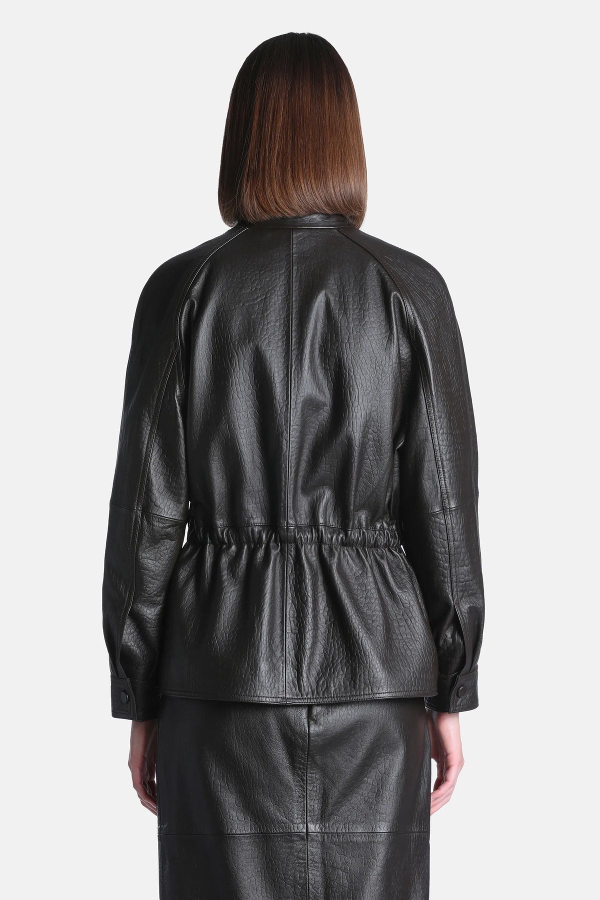 Luisa Spagnoli Marrone Women Spareggio Leather Jacket with Gathered Waist - Fashion Show SKU: SPAREGGIO_0996 Image 02