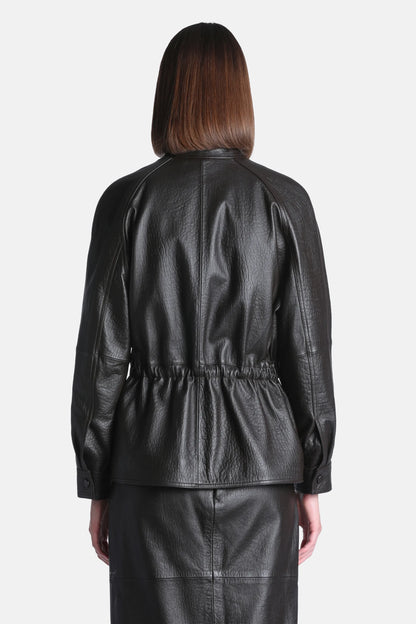 Luisa Spagnoli Marrone Women Spareggio Leather Jacket with Gathered Waist - Fashion Show SKU: SPAREGGIO_0996 Image 02