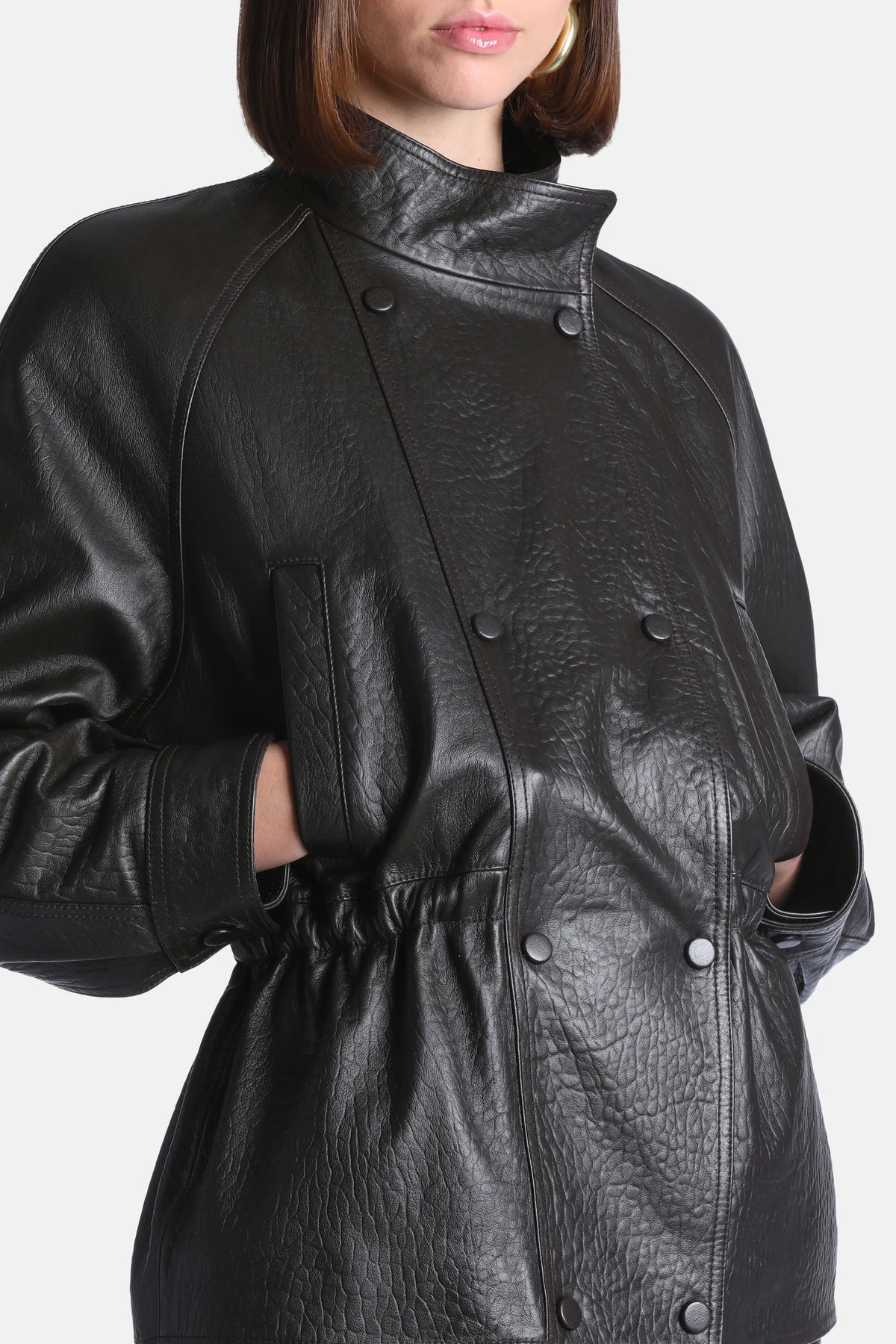 Luisa Spagnoli Marrone Women Spareggio Leather Jacket with Gathered Waist - Fashion Show SKU: SPAREGGIO_0996 Image 03