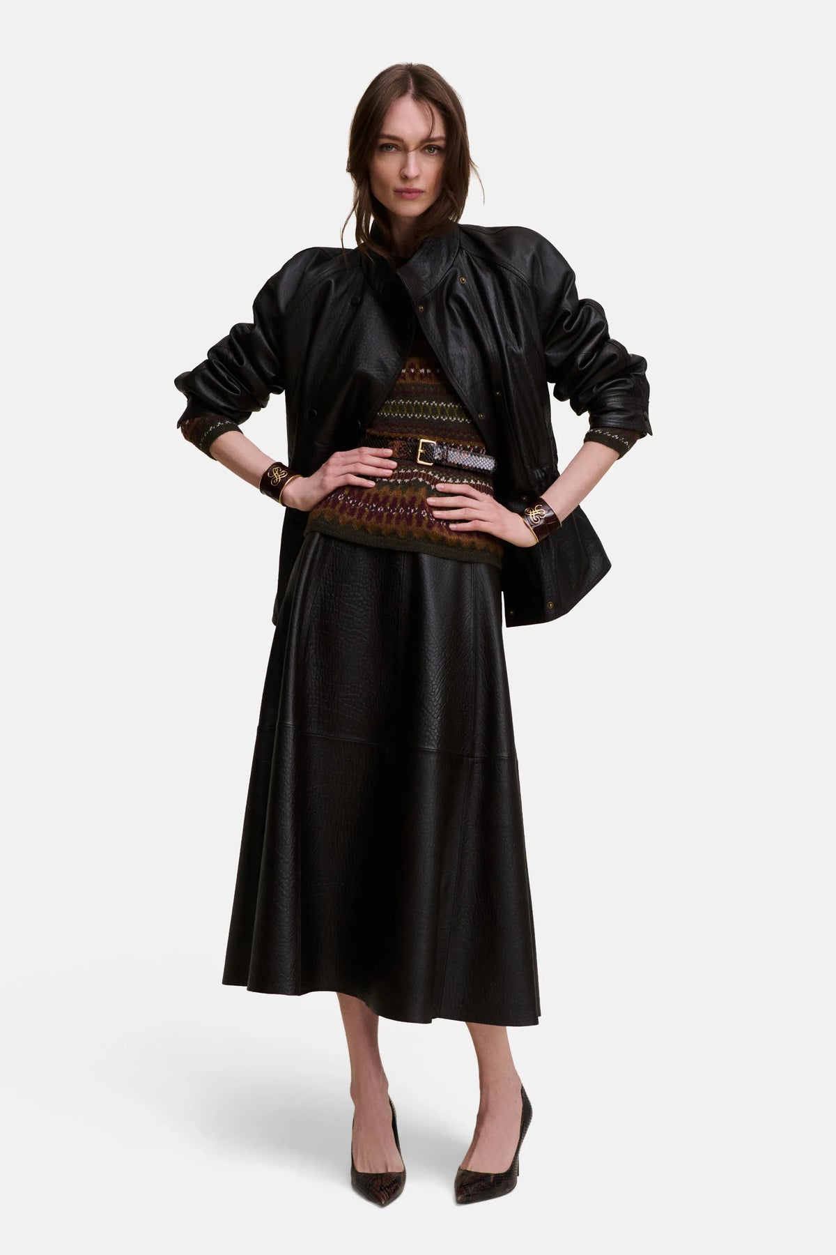Luisa Spagnoli Marrone Women Spareggio Leather Jacket with Gathered Waist - Fashion Show SKU: SPAREGGIO_0996 Image 04