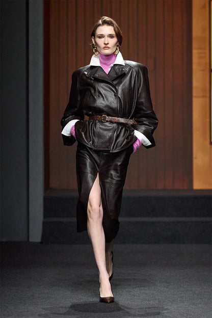 Luisa Spagnoli Marrone Women Spareggio Leather Jacket with Gathered Waist - Fashion Show SKU: SPAREGGIO_0996 Image 05