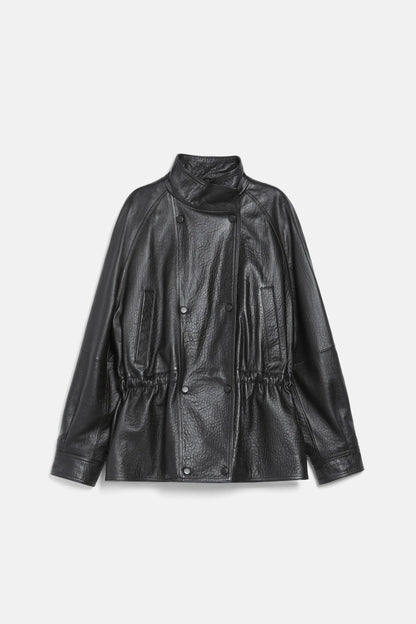 Luisa Spagnoli Marrone Women Spareggio Leather Jacket with Gathered Waist - Fashion Show SKU: SPAREGGIO_0996 Image 06