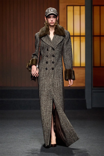 Luisa Spagnoli Var Spinato T.Moro/Castoro Women Strepitoso Maxi Coat with Fur-Effect Details - Fashion Show SKU: STREPITOSO_3368 0953 Image 07
