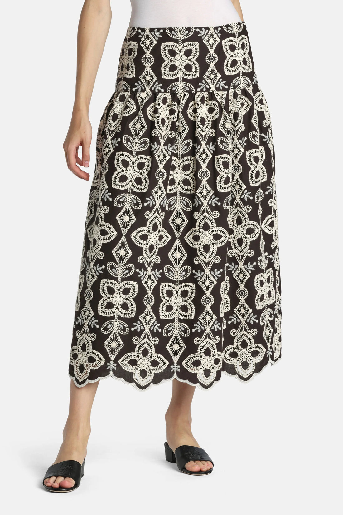 Luisa Spagnoli Var Nero Avorio Women Tabulato - Embroidered Maxi Skirt SKU: TABULATO_4543 Image 01