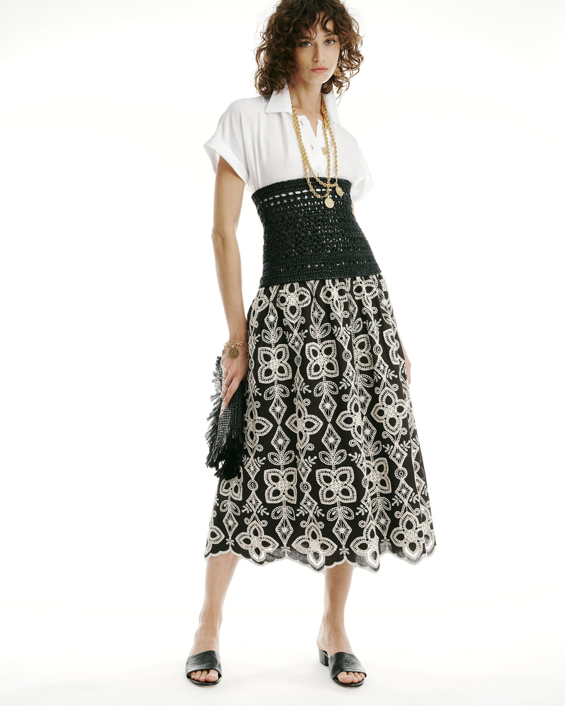 Luisa Spagnoli Var Nero Avorio Women Tabulato - Embroidered Maxi Skirt SKU: TABULATO_4543 Image 05
