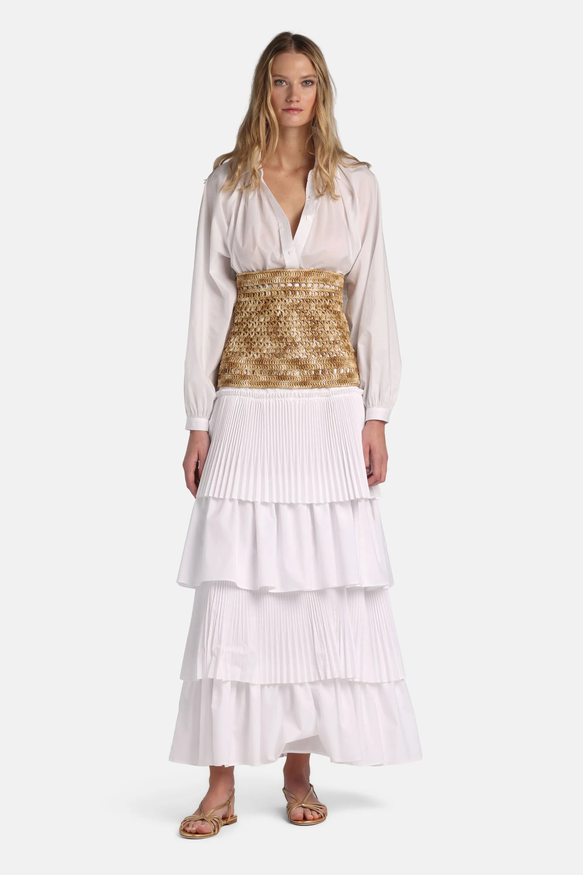 Luisa Spagnoli Bianco Women Tatto - Tiered Pleated Maxi Skirt SKU: TATTO_0201 Image 04