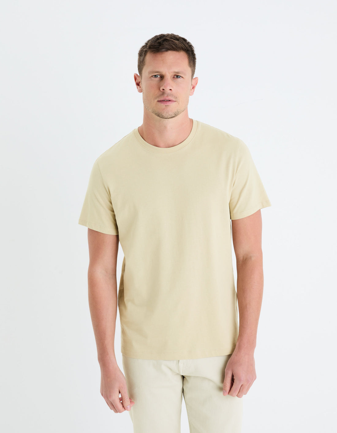Plain Round Neck Cotton T-Shirt_TEBASE_BEIGE CLAIR_01