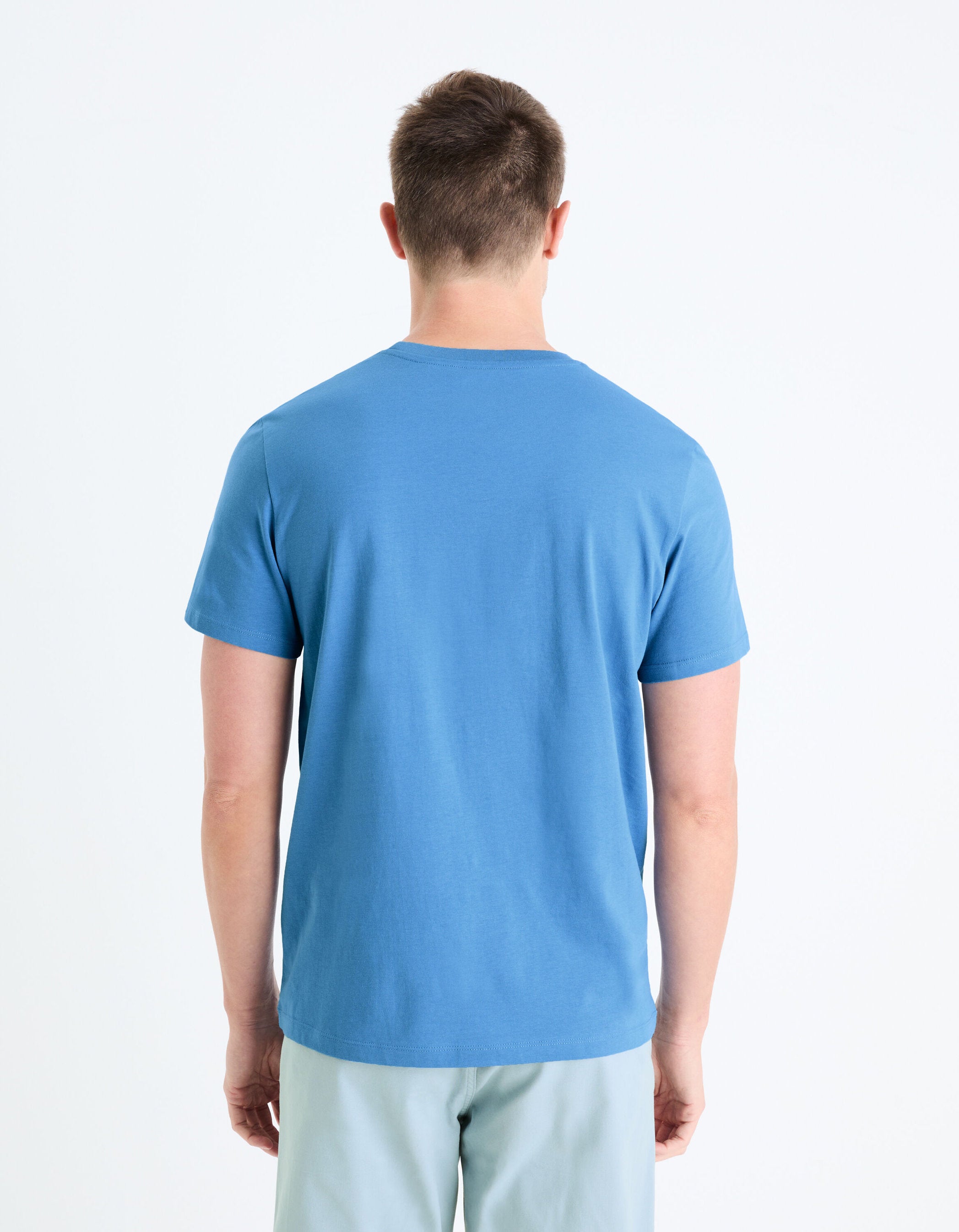 Plain Round Neck Cotton T-Shirt_TEBASE_BLEU CIEL_04