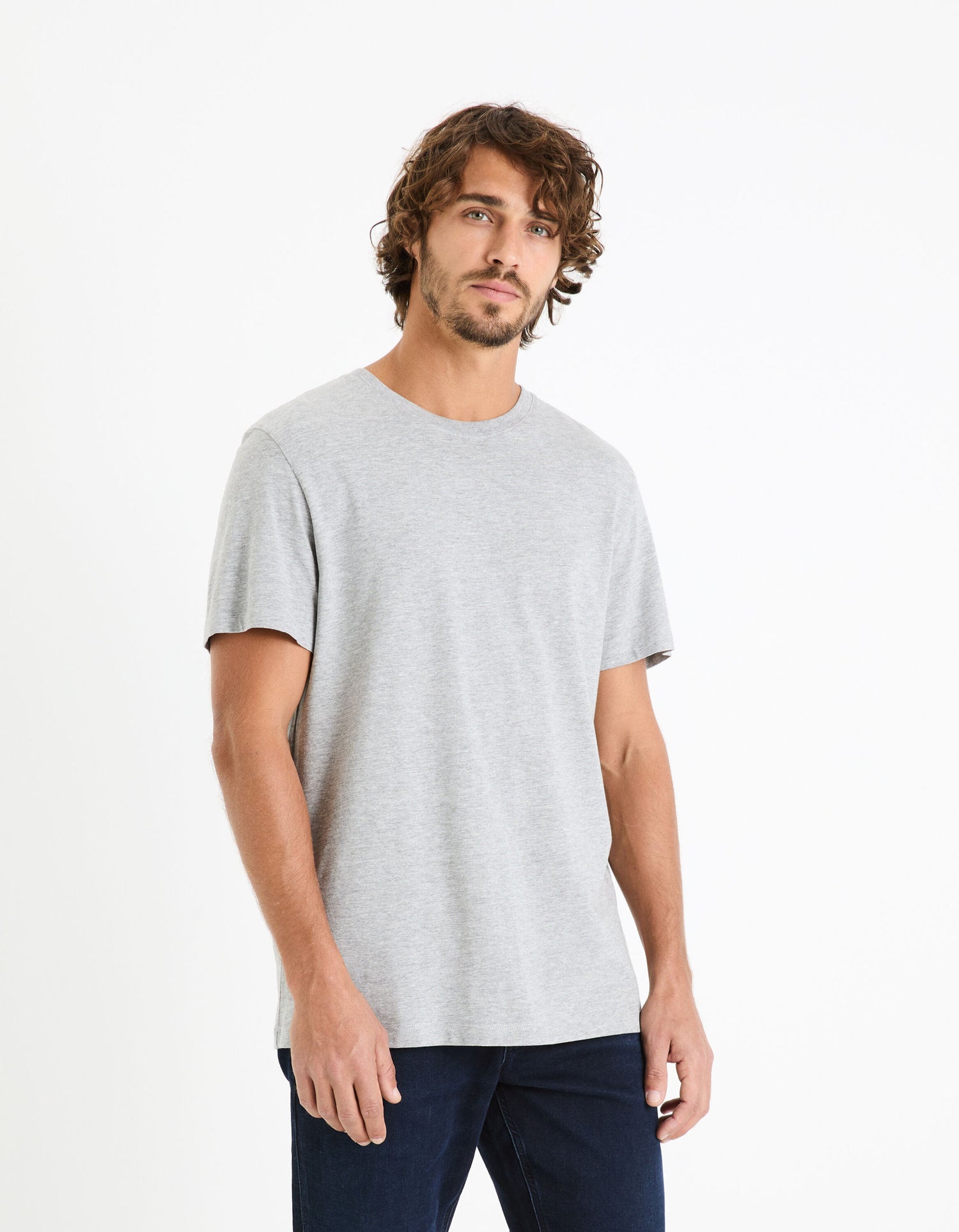 Cotton Blend Crew Neck Straight T-Shirt - Heather Grey_02