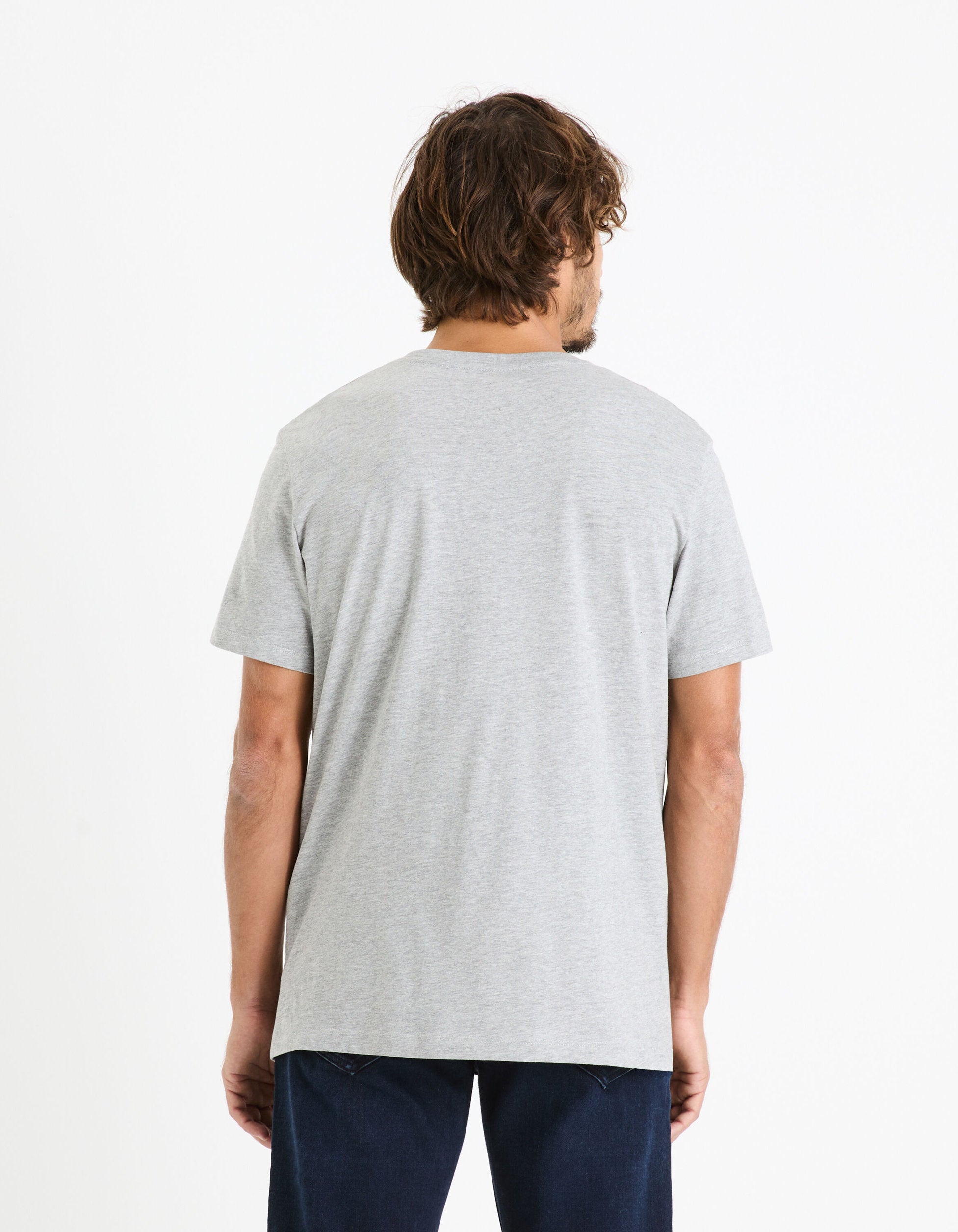 Cotton Blend Crew Neck Straight T-Shirt - Heather Grey_04