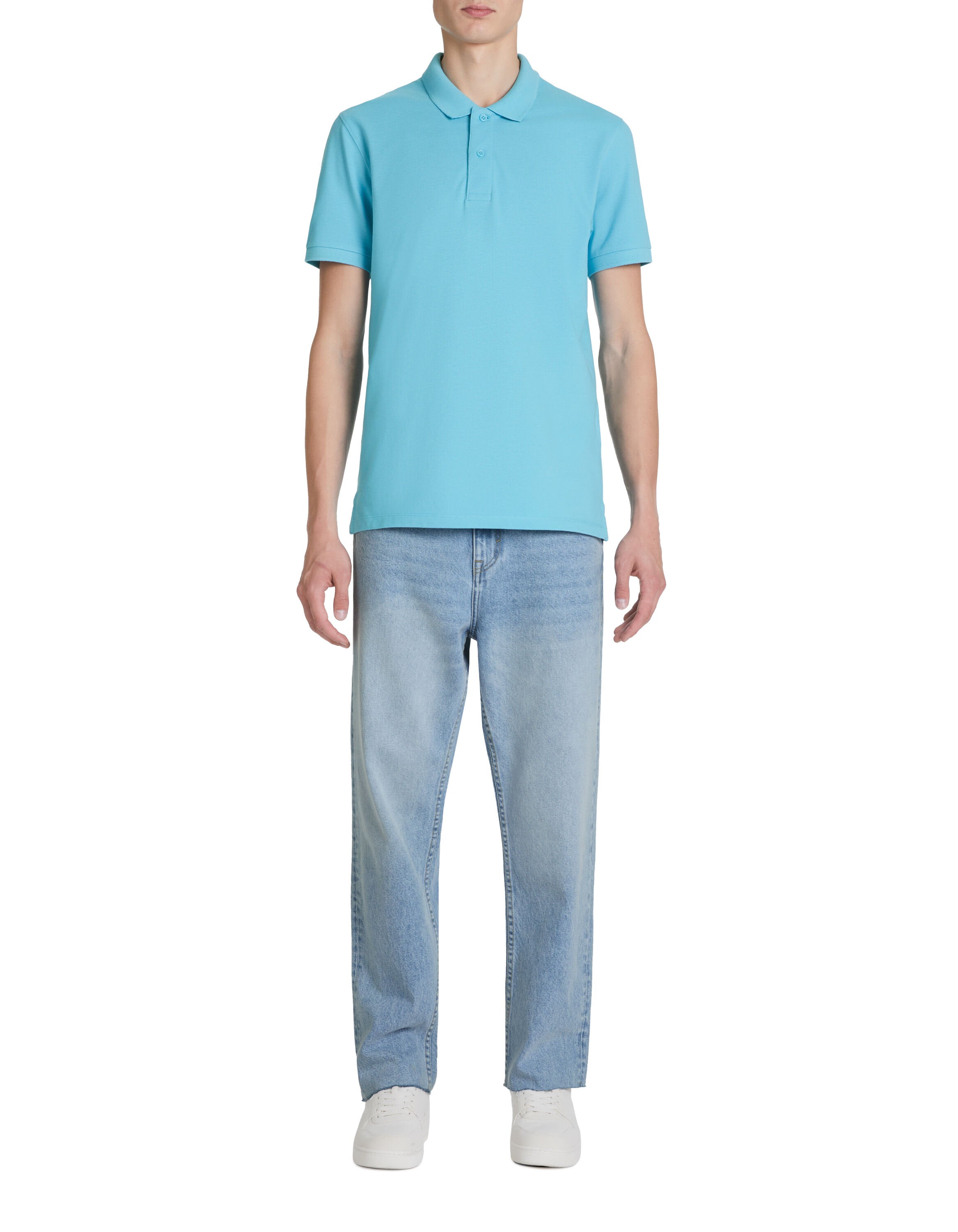 Straight Pique Cotton Polo Shirt - Turquoise_03