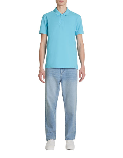 Straight Pique Cotton Polo Shirt - Turquoise_03