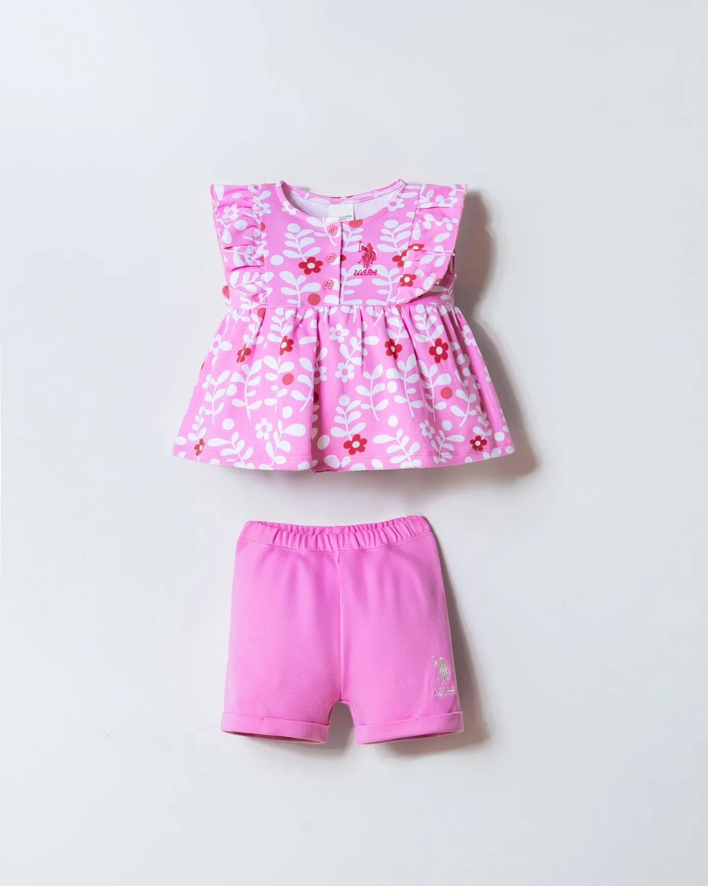 U.S. Polo Assn. Pink Baby Girl Pink T-Shirt and Short Set SKU: USB3005_Pink Image 01