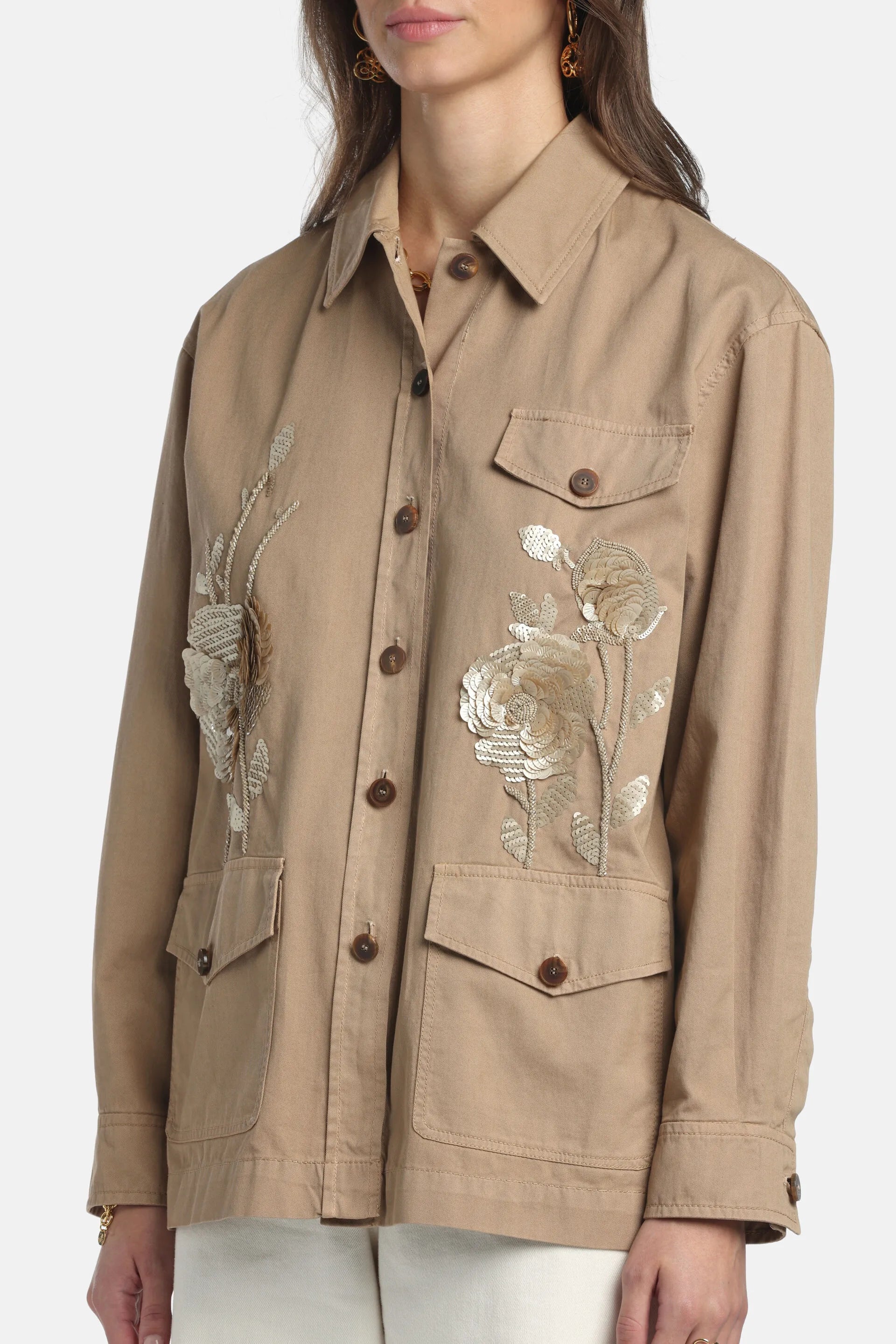 Luisa Spagnoli Beige Women Vigilessa - Embroidered Safari Jacket SKU: VIGILESSA_1111 Image 03