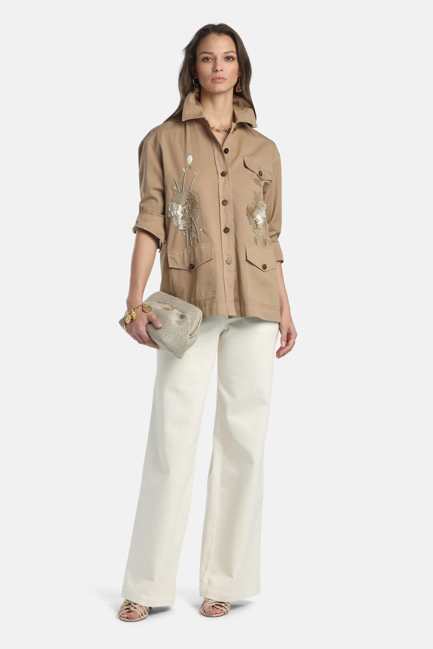 Luisa Spagnoli Beige Women Vigilessa - Embroidered Safari Jacket SKU: VIGILESSA_1111 Image 05