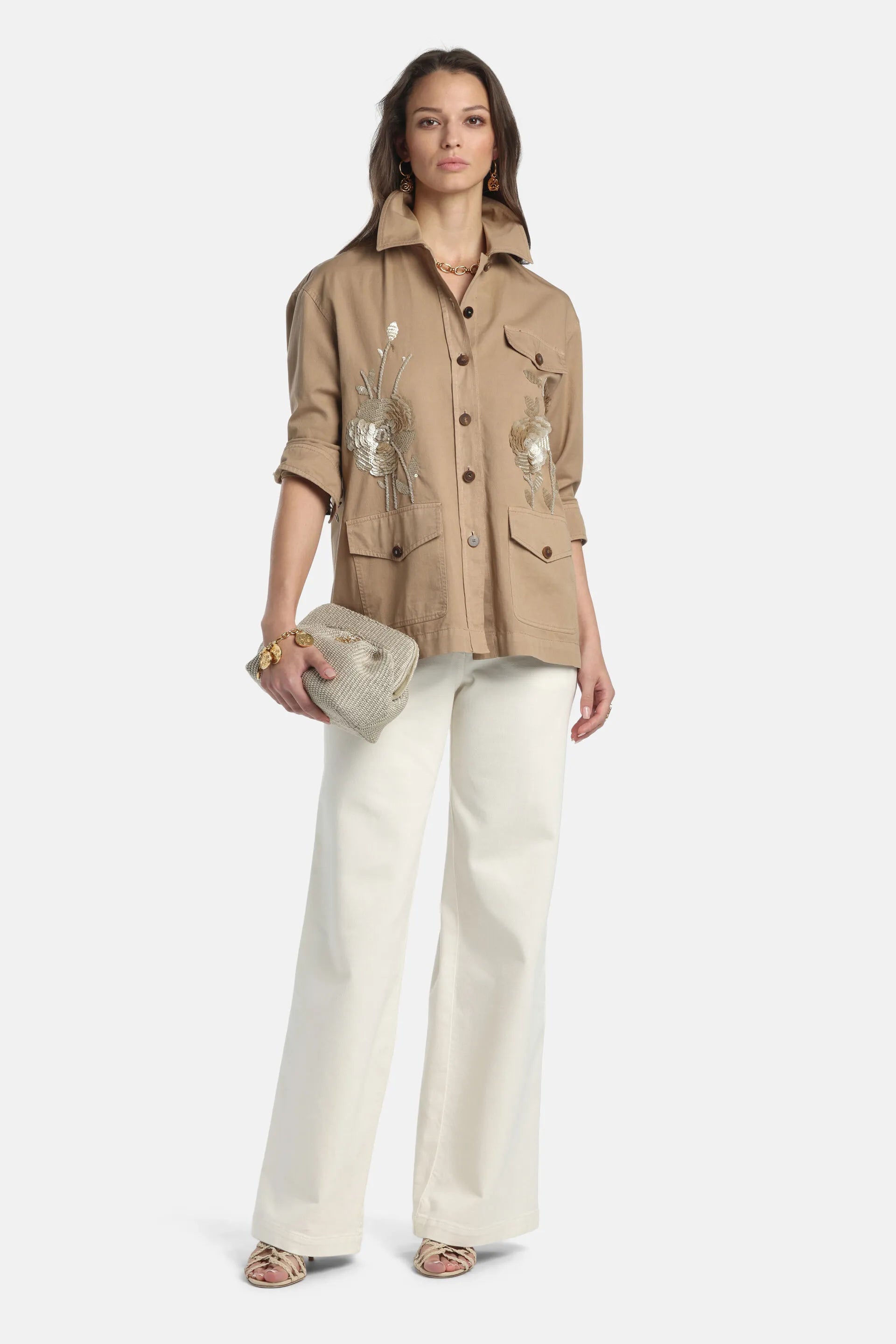Luisa Spagnoli Beige Women Vigilessa - Embroidered Safari Jacket SKU: VIGILESSA_1111 Image 05