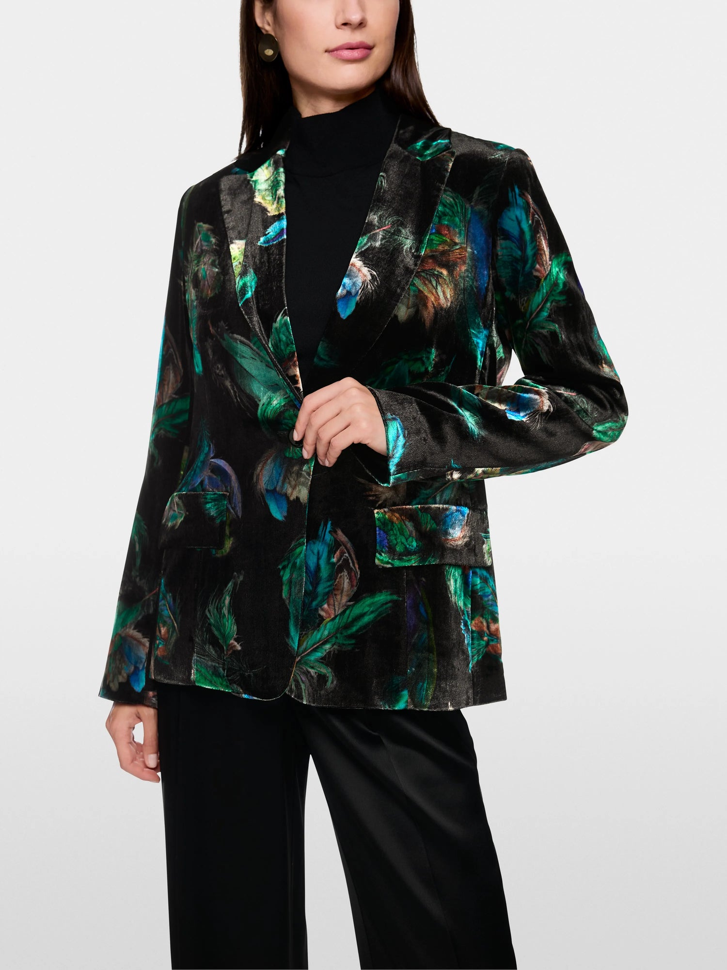 Marccain_Dark Jade Green_Velvet Blazer with Feather Print_ZC 34.19 W79_556_05